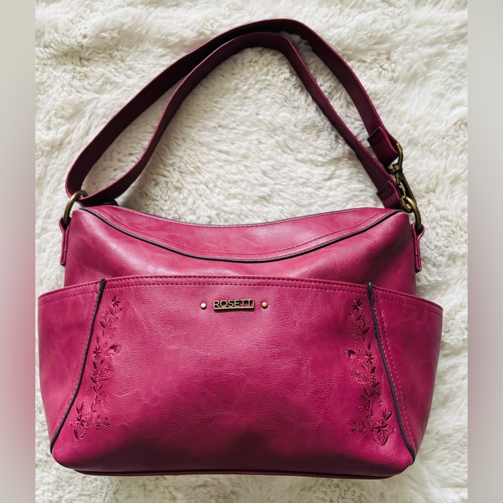 Rosetti Dark Mauve Leather Shoulder Purse Satchel Handbag Embroidered Floral Bag